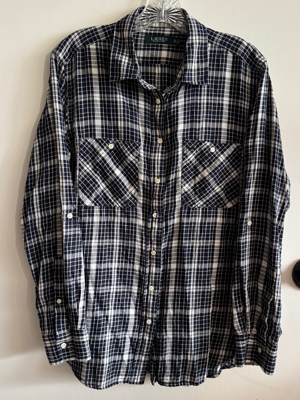 Ralph Lauren Women’s 100% Cotton Navy and White Plaid Button-Down Shirt XL Fall